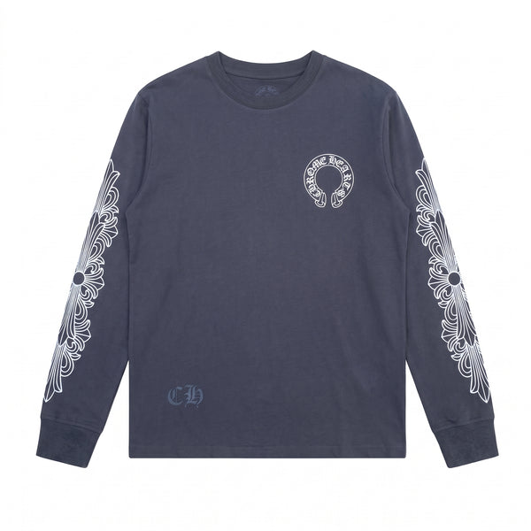 Chrome Hearts Horseshoe Floral Long Sleeve T-Shirt - Grey