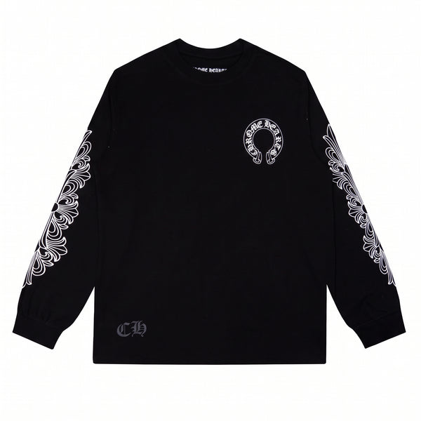 Chrome Hearts Horseshoe Floral Long Sleeve T-Shirt - Black