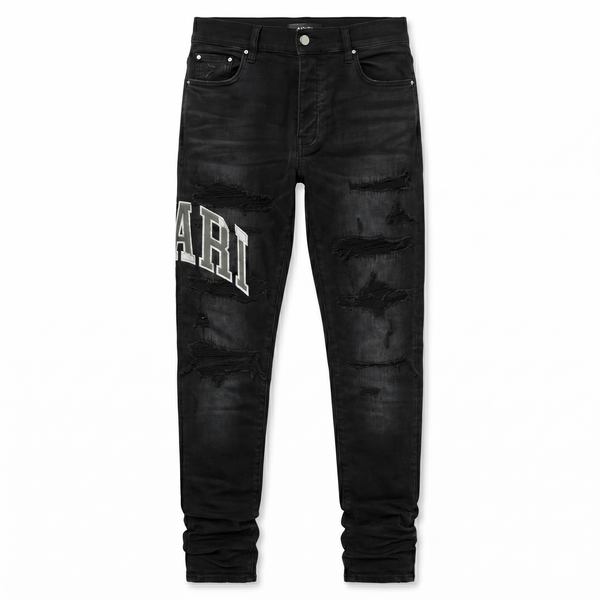 Amiri Varsity Logo Repair Jeans — Vintage Black