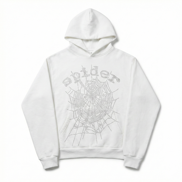 Sp5der Rhinestone OG Web V2 Hoodie - White