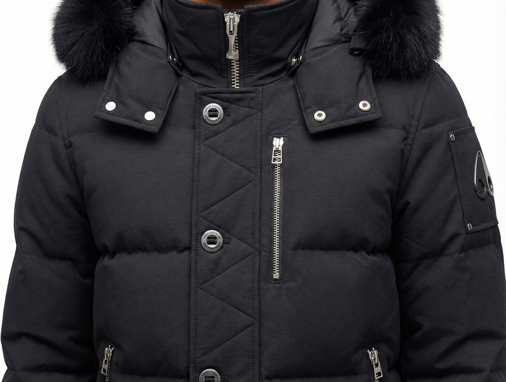 Black winter jacket with fur-lined hood on a white background