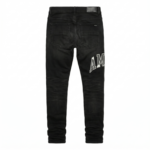Amiri Varsity Logo Repair Jeans — Vintage Black