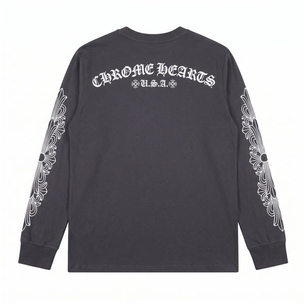 Chrome Hearts Horseshoe Floral Long Sleeve T-Shirt - Grey