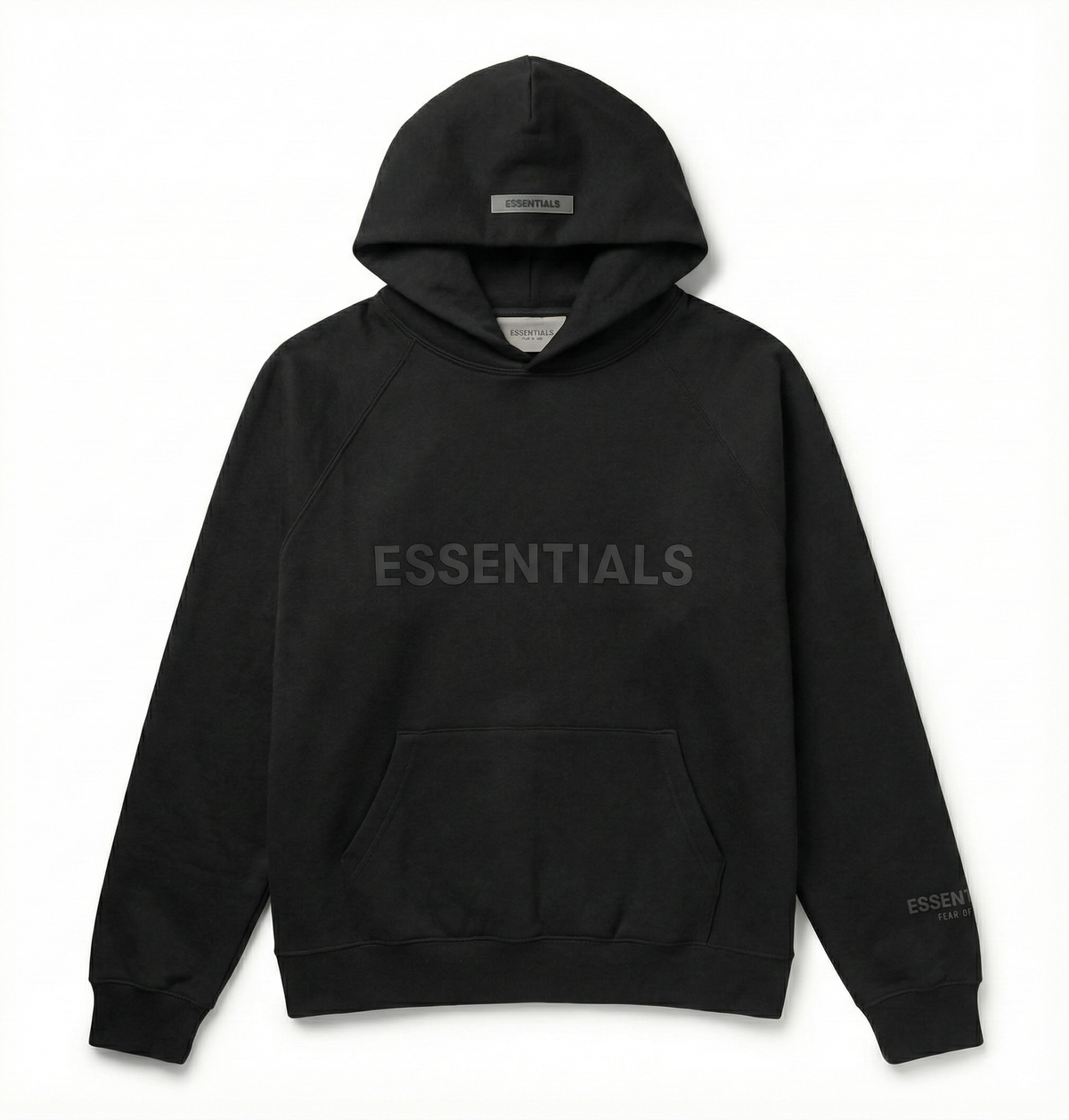 Black hoodie with 'ESSENTIALS' text on a white background