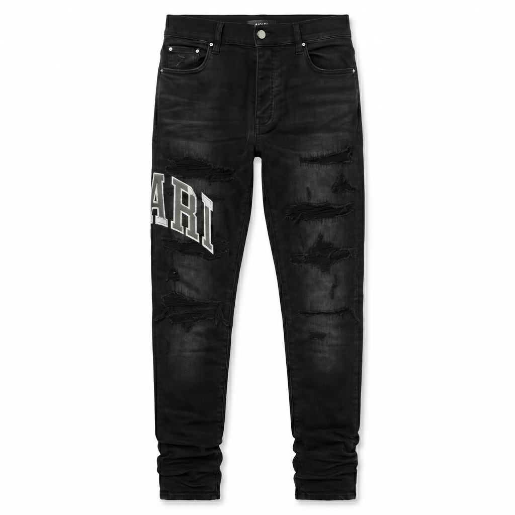 Amiri Varsity Logo Repair Jeans — Vintage Black