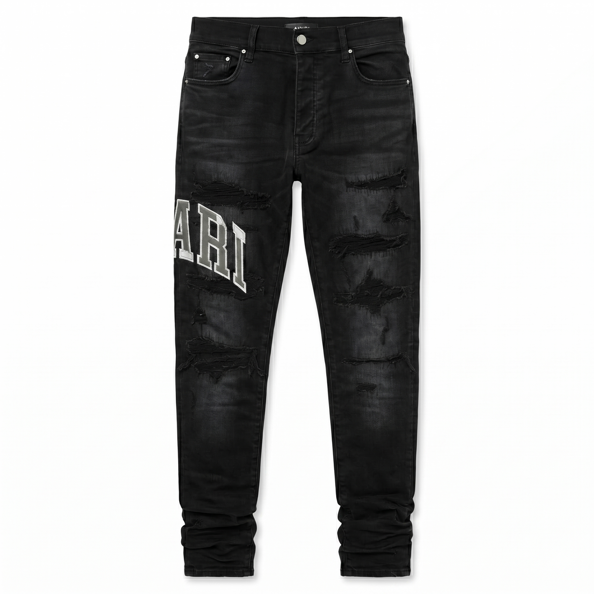 Amiri Varsity Logo Repair Jeans — Vintage Black