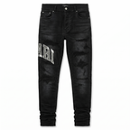 Amiri Varsity Logo Repair Jeans — Vintage Black