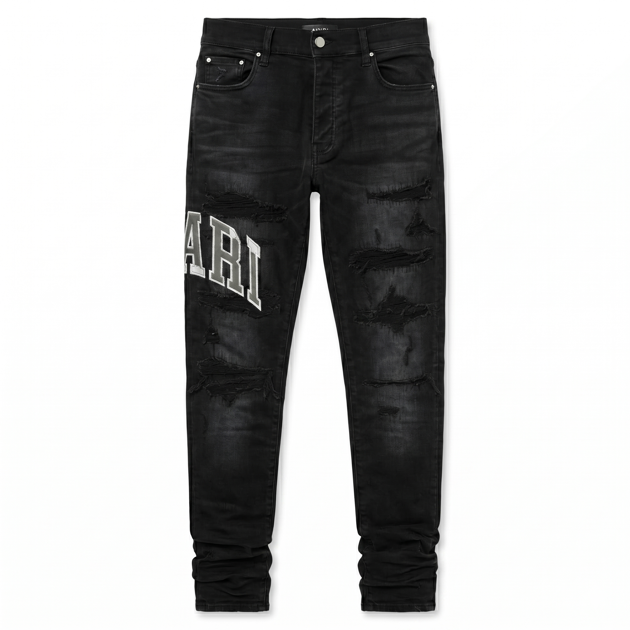 Amiri Varsity Logo Repair Jeans — Vintage Black