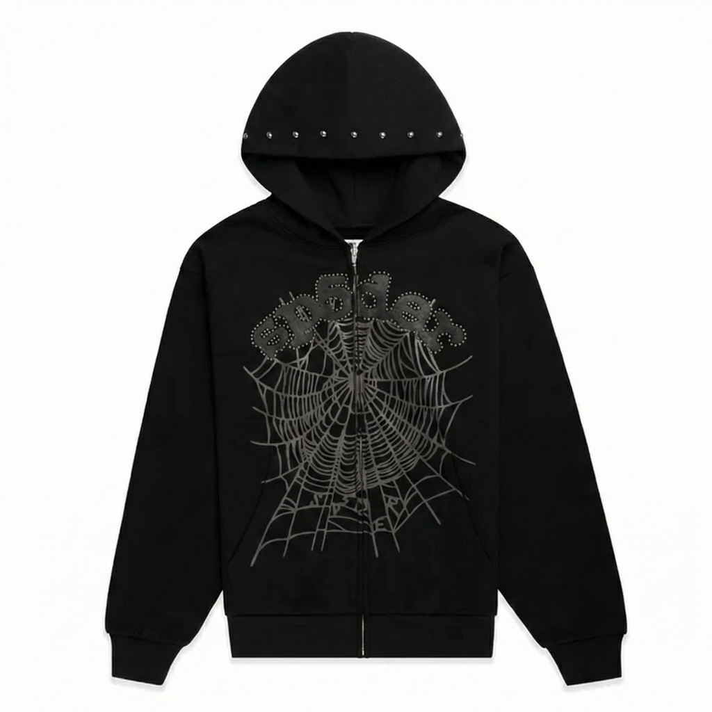 Sp5der OG Web Studded Zip Hoodie - Black