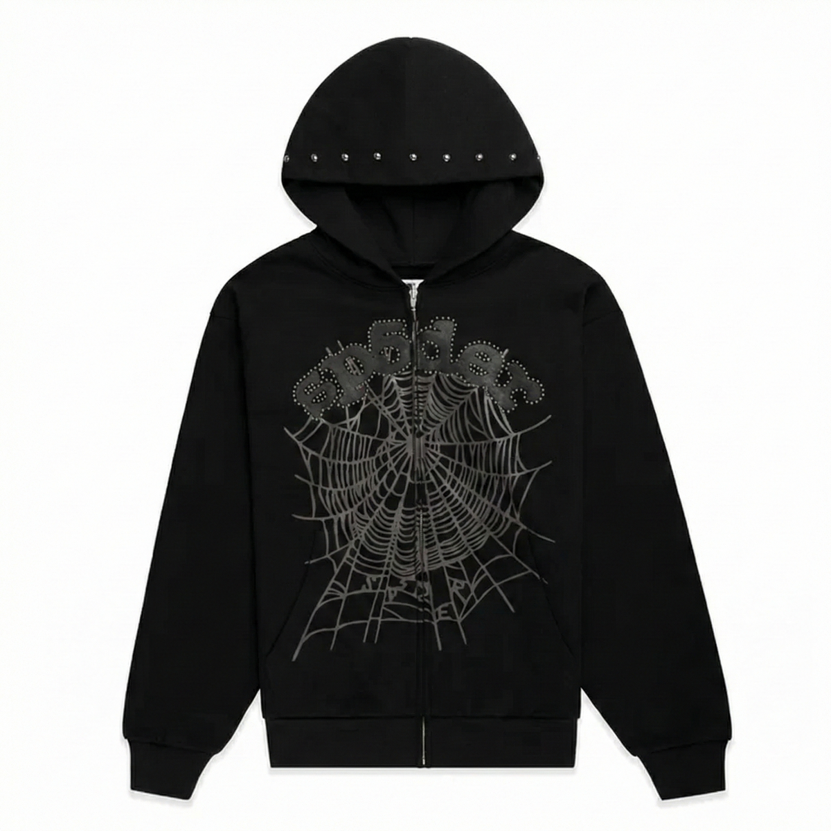 Sp5der OG Web Studded Zip Hoodie - Black