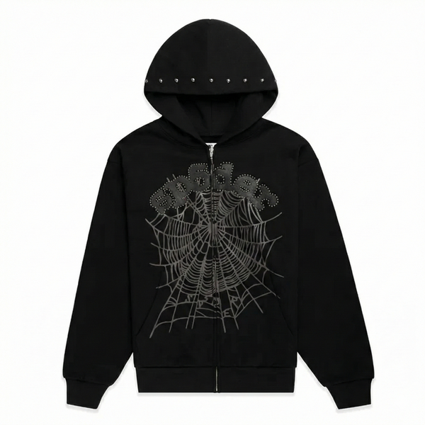 Sp5der OG Web Studded Zip Hoodie - Black