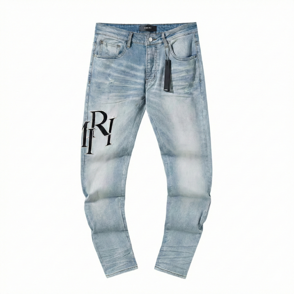Amiri Staggered Logo Skinny Jeans - Light Indigo