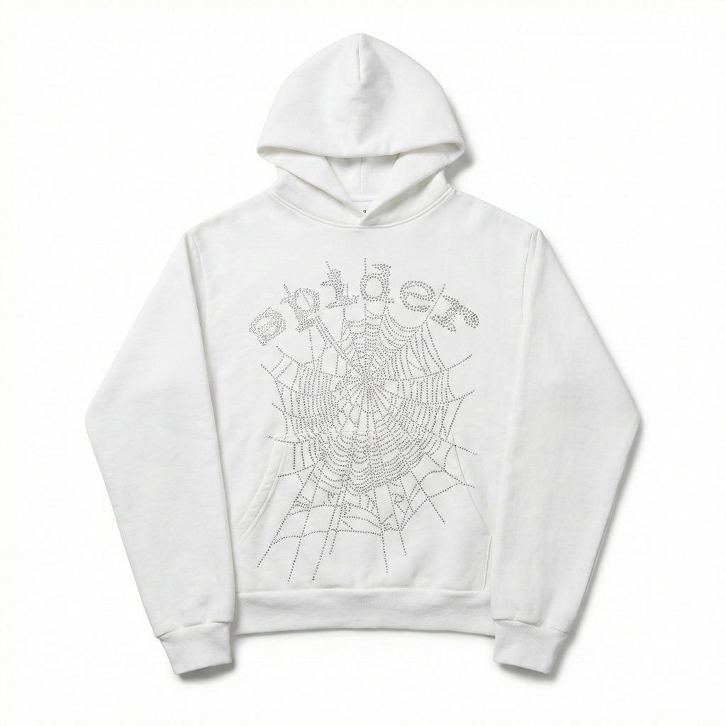 Sp5der Rhinestone OG Web V2 Hoodie - White
